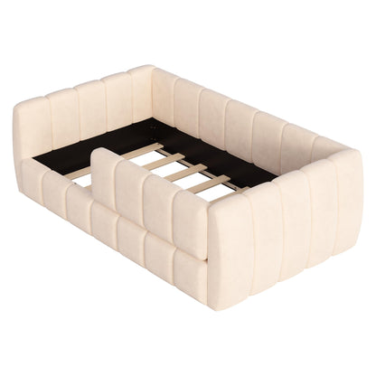 Merax Upholstered Floor Daybed with Removable Guardrails, Compatible with Standard US mattresses, Safety Bed with High Headboard & Footboard, Beige