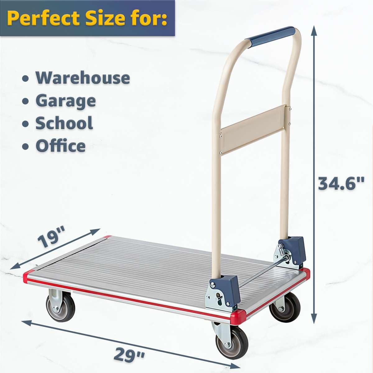 Aluminum Platform Truck 440 lb Capacity – Lightweight Cart with Folding Handle, 5″ TPR Casters & Corner Protectors – 19″ x 29″ Utility Dolly for Warehouse, Office, Retail, Silver
