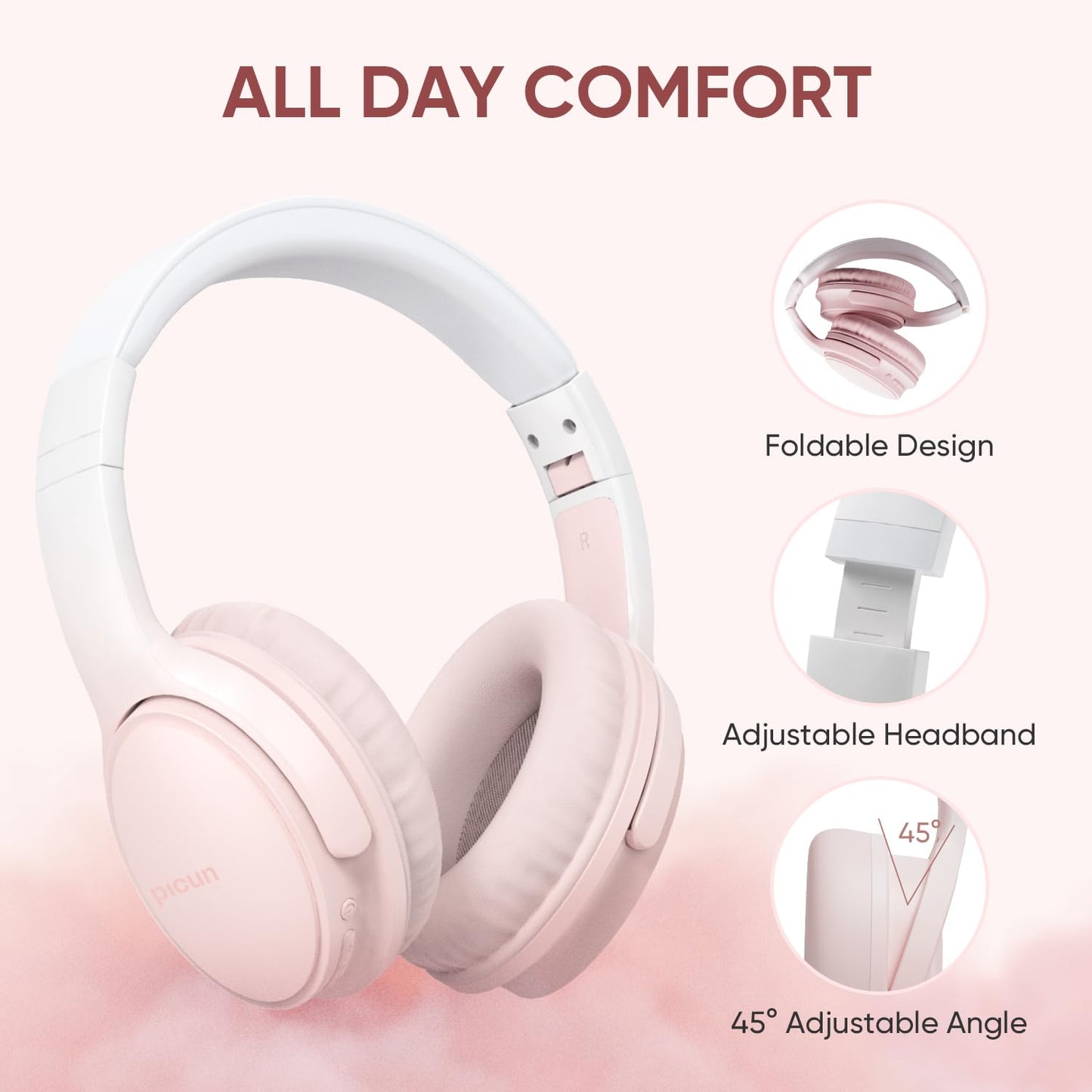 Gankoii Wireless Headphones, Bluetooth Over Ear Headsets with Microphone, Hi-Fi Audio, 60H Playtime, Touch Control, Foldable Lightweight, On-Ear Headphones for Girls Women, Travel, Work,