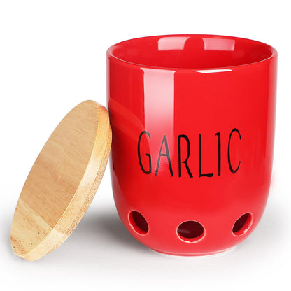 HAOTOP Ceramic Garlic Keeper for Counter, Garlic Saver Container with Wood Lid, Garlic Keeper for Kitchen, Garlic Holder to Keep Your Garlic Cloves Fresh Longer (Red)