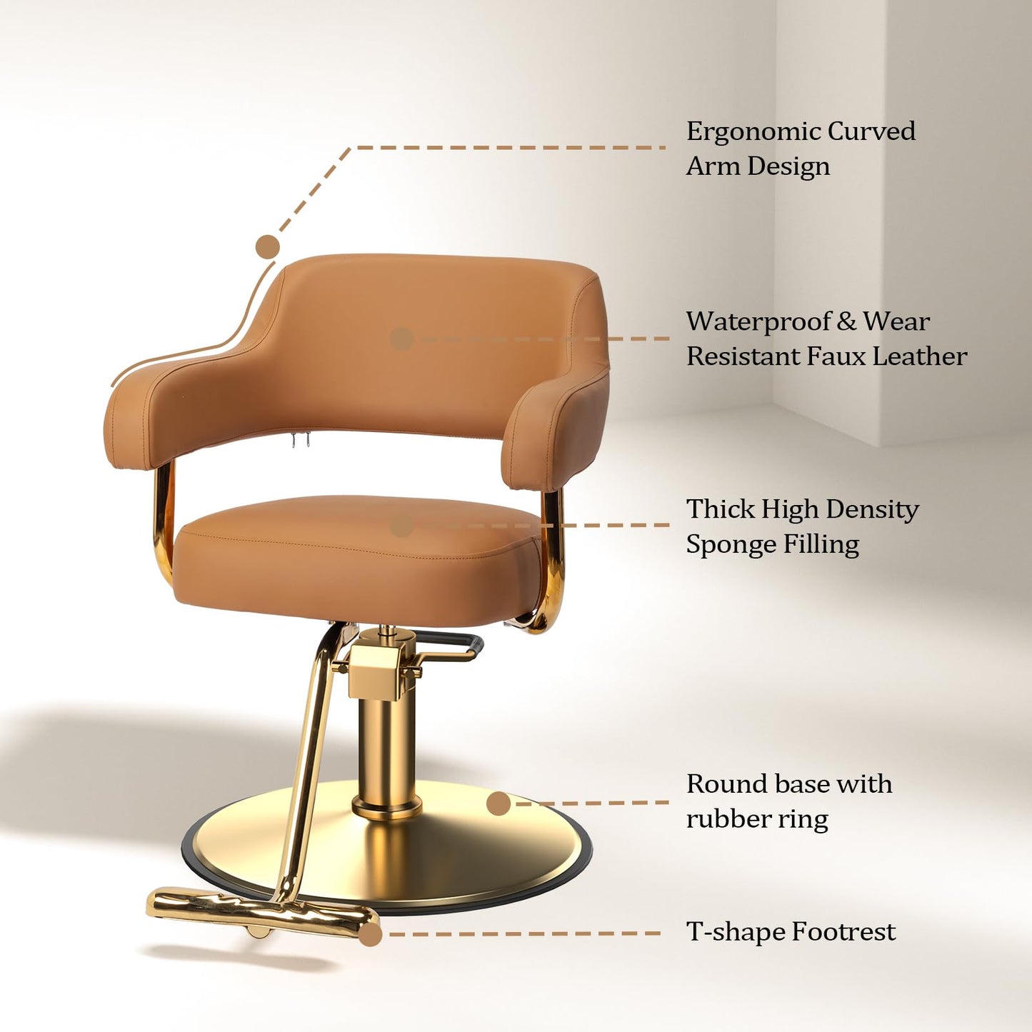 OmySalon Barber Chairs for Barbershop Brown and Gold Styling Chair, Salon Chair for Hair Stylist Heavy Duty Hydraulic Pump, 360°Swivel with Footrest, Hairdressing Home Beauty Spa Braiding Equipment
