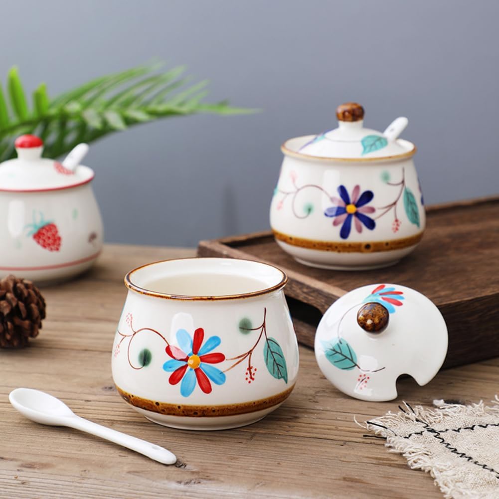 Cute Hand-painted Ceramic Sugar Bowl, Seasoning Jar, Blue Floral Pattern, 320ml for Kitchen Decor