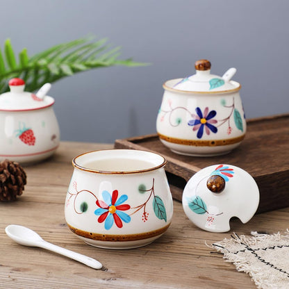 Cute Hand-painted Ceramic Sugar Bowl, Seasoning Jar, Blue Floral Pattern, 320ml for Kitchen Decor