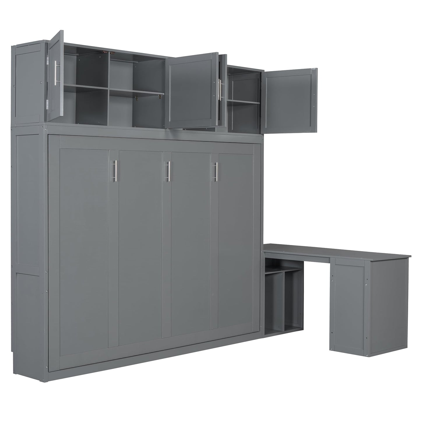 Merax Queen Size Wall Murphy Bed with Desk and Storage Shelves and Big Cabinets for Guest Room, Bed Room, Guest Room, Home Office, Gray