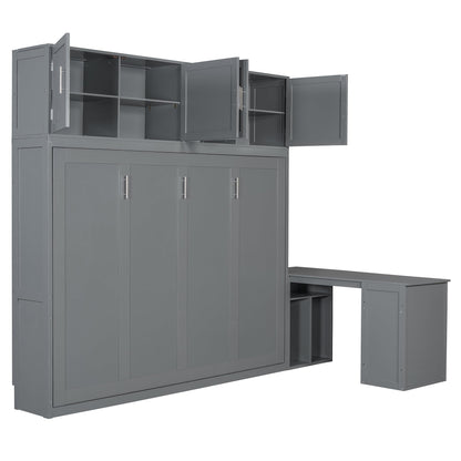 Merax Queen Size Wall Murphy Bed with Desk and Storage Shelves and Big Cabinets for Guest Room, Bed Room, Guest Room, Home Office, Gray