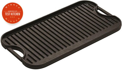 Lodge Pro-Grid Reversible Grill/Griddle - Dual-Sided Cast Iron Griddle - Double Burner Grill - Even Heat Distribution - PFAS-Free Non-Toxic Cookware - 20 Inches x 10.5 Inches