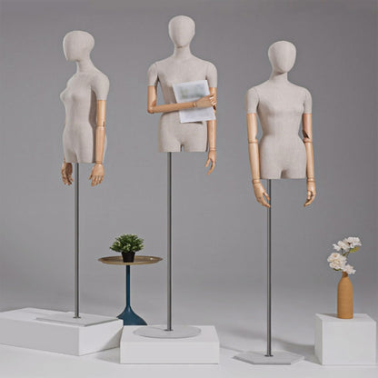 CZCZC Countertop Premium Mannequin with Metal Stand,Linen Female Mannequin,Adjustable Dress Mannequin,Flexible Form Mannequin Torso Wooden Arm Display