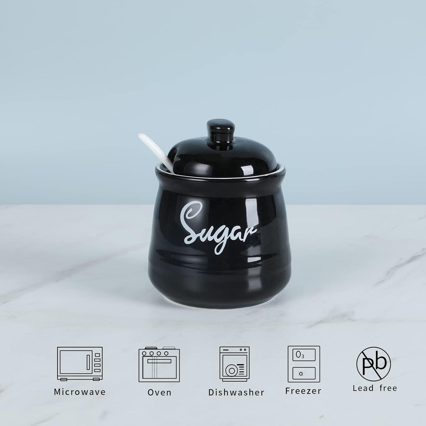 HAOTOP Farmhouse Porcelain Sugar Bowl with Lid and Spoon, 12oz, Easy to Clean (Black)