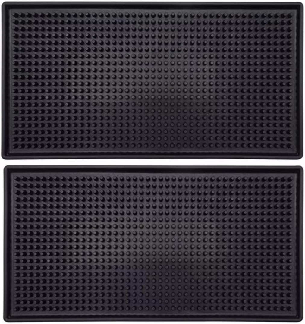 Bar Mat 12" x 6", Rubber Spill Mat for Cocktail Bartender Set of 2, Coffee Bar or Countertop Glass Drying Mat (Black)