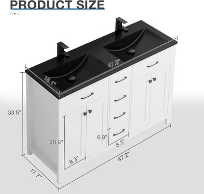 LUCKWIND 48" Modern Bathroom Vanity with Sink Combo, Contemporary Painted Storage Cabinet and Double Black Sink, Include Soft-Closing Doors & Matte Black Faucet, White