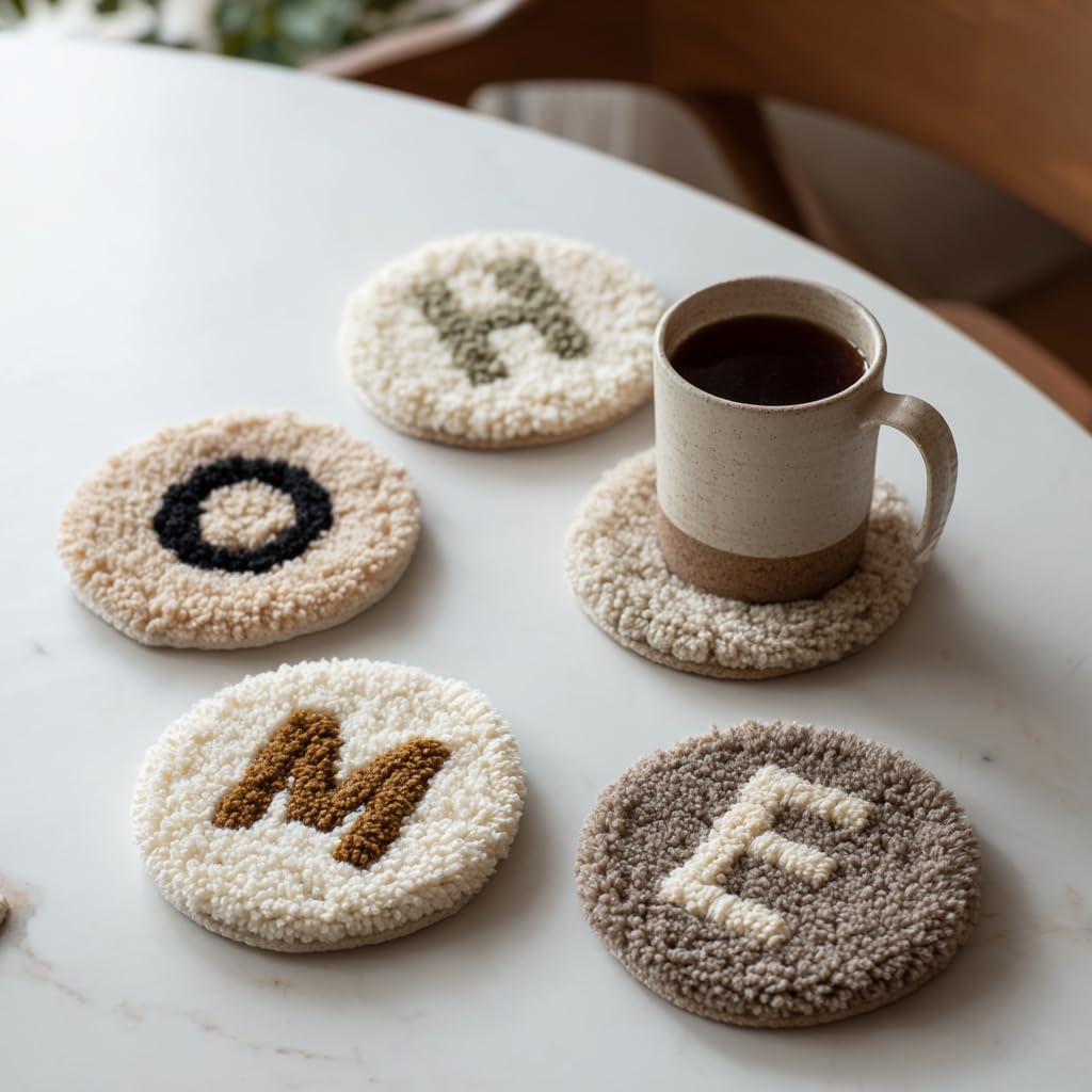6PCS Punch Needle Coaster Kit Coffee Cup Easy for Beginners Stress Relief Craft Set with Hoop Yarn & Patterns DIY Embroidery Mug Rug Kit for Adults Kids Home Decor-4