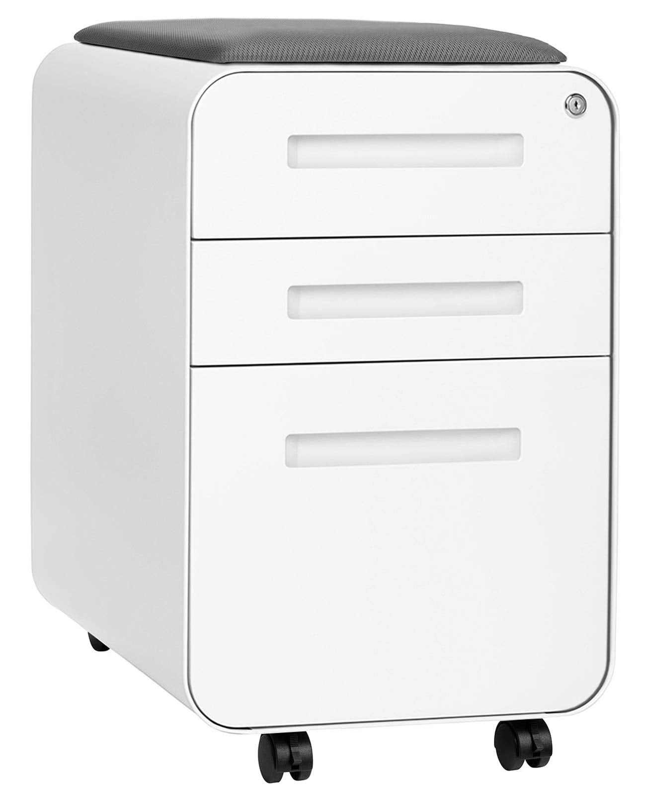 Laura Davidson Furniture STOCKPILE Curve Seated 3-Drawer Mobile File Cabinet with Removable Magnetic Cushion Seat - Metal Filing Cabinet, Pre-Assembled, White with Dark Grey Cushion