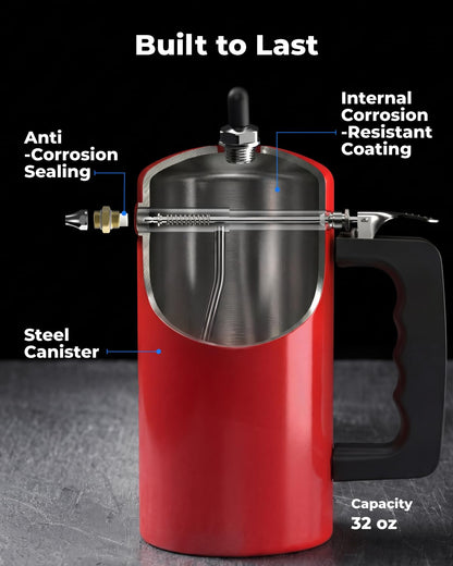 toolant 32oz Refillable Pressurized Sprayer, Steel Canister, Rust-Resistant Lining, Needle Valve Leak-Resistant, Dual Nozzles 1.0/0.6mm, Funnel Included, 200 PSI Max, for Brake Cleaner & Solvents, Red