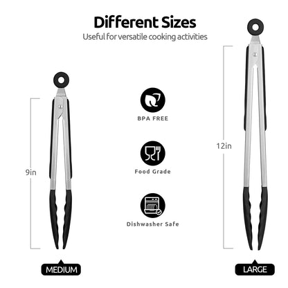 600ºF Heat Resistant Kitchen Tongs: U-Taste 9+12 inch Silicone Cooking Tong Set with Firm Sealed Non Stick Rubber Tips and Silicon Coated 18/8 Stainless Steel Handle for Serving Grilling Salad (Black)