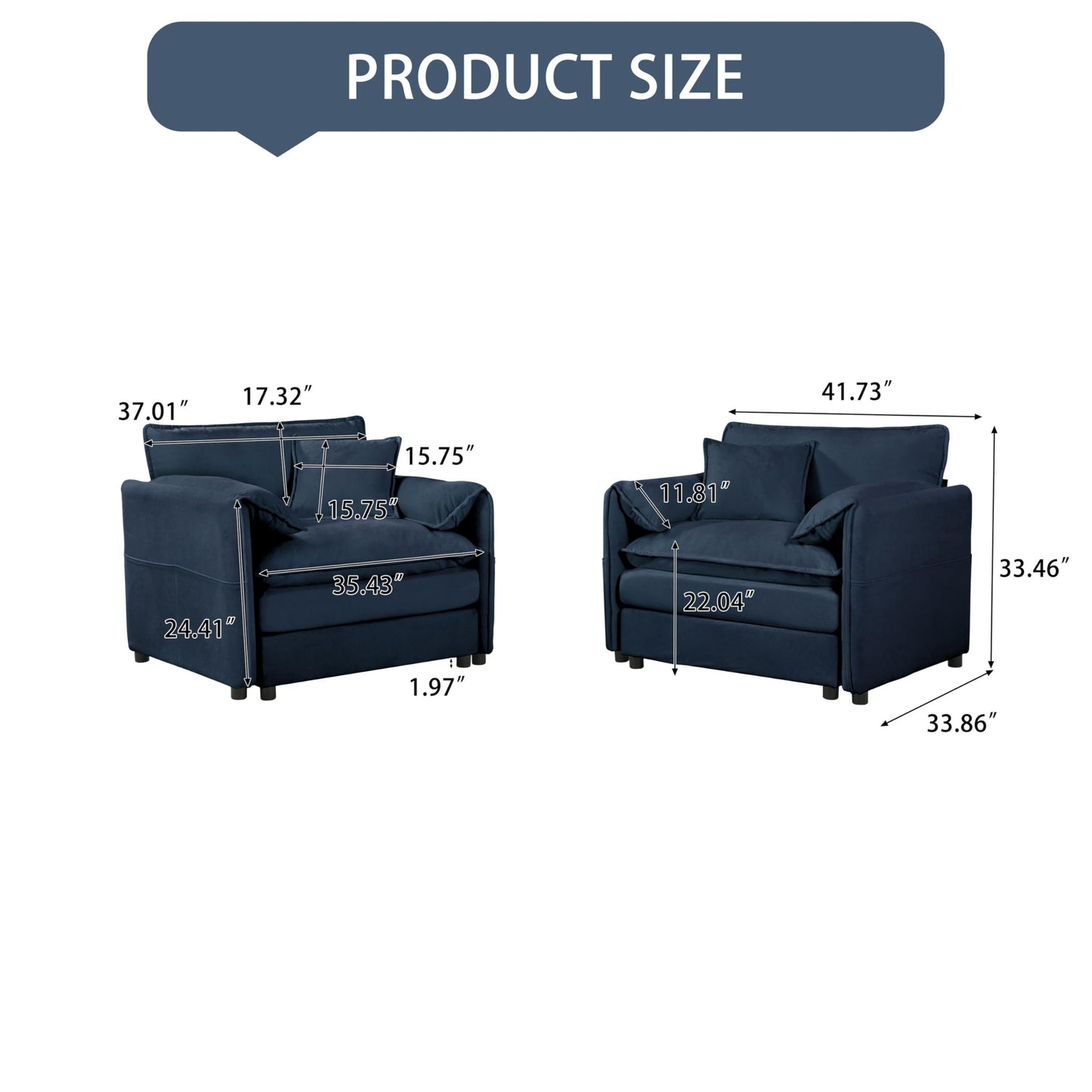 KEIKI Oversized Accent Chair Set of 2, Chenille Deep Seat Single Sofa Chairs with Side Pockets, Modern Upholstered Armchair for Bedroom, Living Room, Apartment, Blue