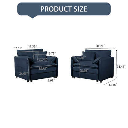 KEIKI Oversized Accent Chair Set of 2, Chenille Deep Seat Single Sofa Chairs with Side Pockets, Modern Upholstered Armchair for Bedroom, Living Room, Apartment, Blue