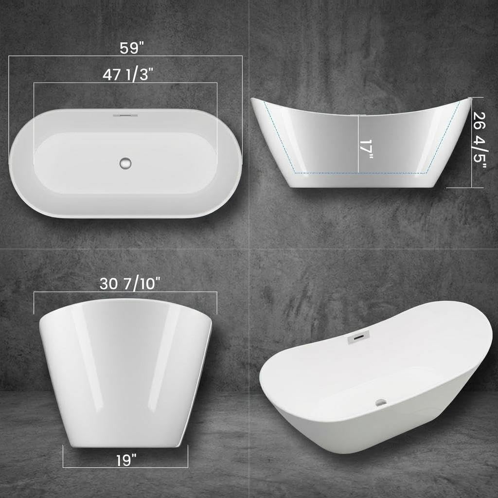 59" Acrylic Freestanding Bathtub with Chrome Drain Kit, Contemporary Square Soaking Tub with Overflow and Flexible PVC Drain Pipe, Double-Walled Insulation, CUPC Certified, Glossy White Finish