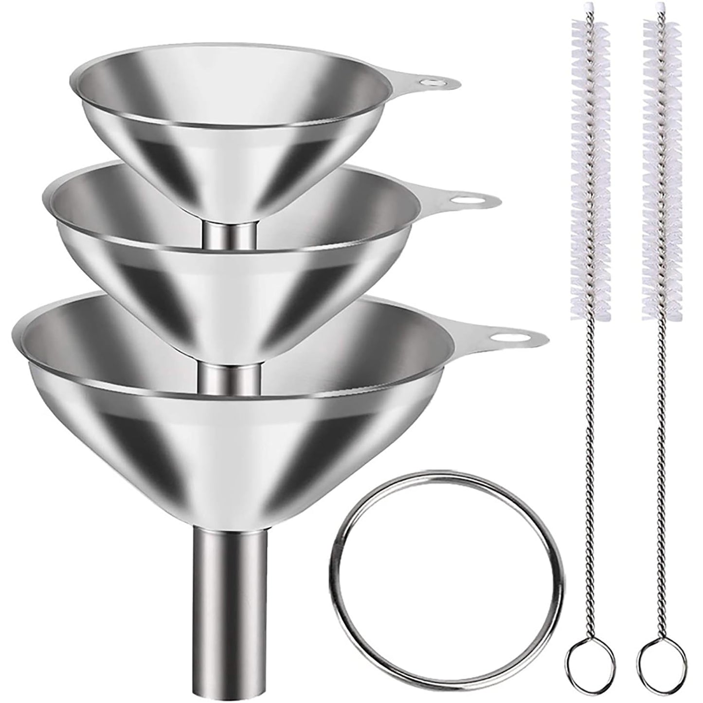 Kitchen Funnels Set for Bottles, 3pc Small/Medium/Large Stainless Steel Metal Funnels with 2 Cleaning Brushes