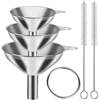 Kitchen Funnels Set for Bottles, 3pc Small/Medium/Large Stainless Steel Metal Funnels with 2 Cleaning Brushes