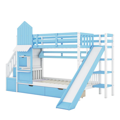 Twin-Over-Twin Bunk Beds Castle Style Bunk Bed with 2 Drawers 3 Shelves and Slide - Blue