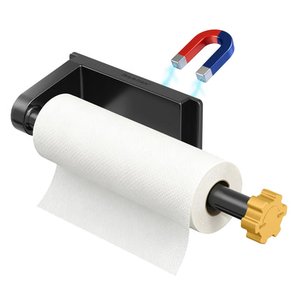 Evemlceol Magnetic Paper Towel Holder for Fridge Strong Magnet Black Kitchen Towel Holders Storage Organizer with Gold Nut for Refrigerator Grill Toolbox