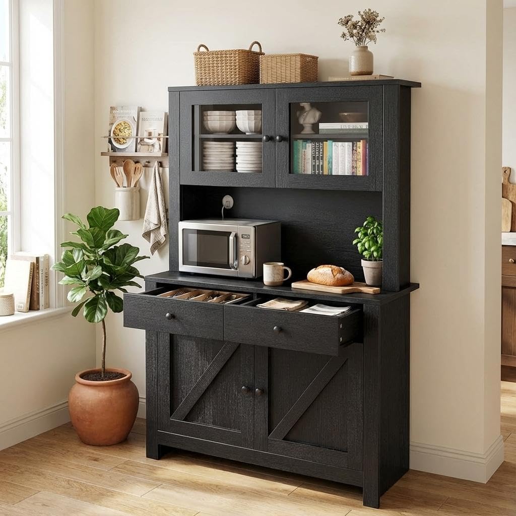 63" Tall Farmhouse Kitchen Pantry Cabinet with Microwave Stand, Freestanding Pantry Hutch Cabinet with Adjustable Shelves, Drawers & Countertop, Buffet Cupboard for Dining & Living Room Storage, Black