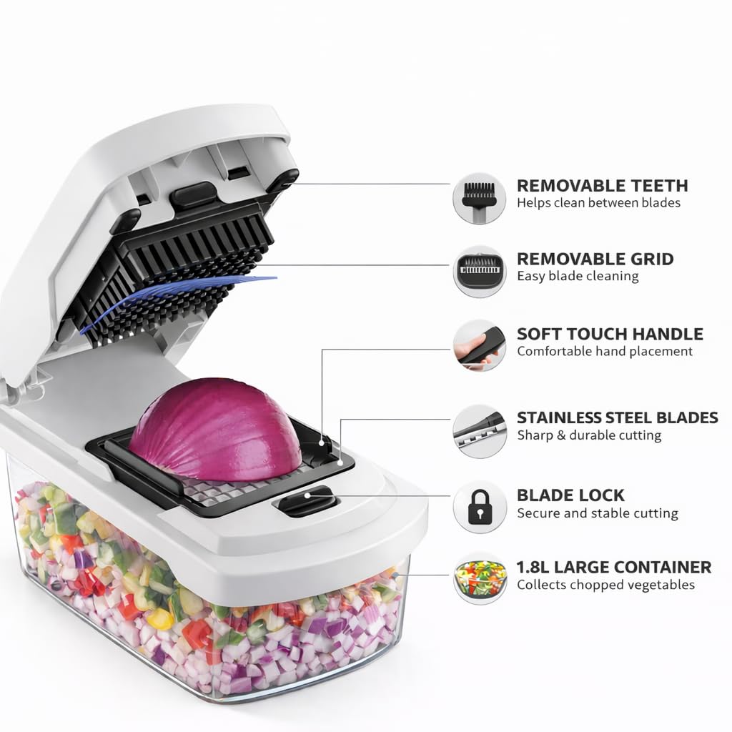 12-in-1 ABS Vegetable Chopper, Onion Cutter with Container, Food Slicer Dicer & Grater, Multifunction Kitchen Gadget for Fruits & Vegetables, BPA Free