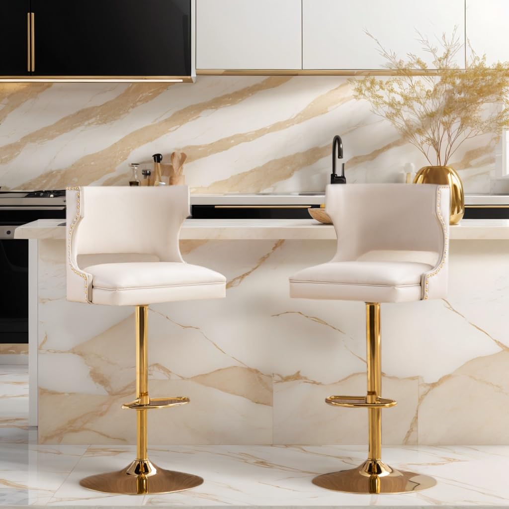 ROCITY Beige Bar Stools Set of 2 Swivel Counter Height Barstools with Back Faux Leather Bar Chairs with Gold Base Adjustable Modern Kitchen Island for Dining Room Home Bar, Rivet Decoration