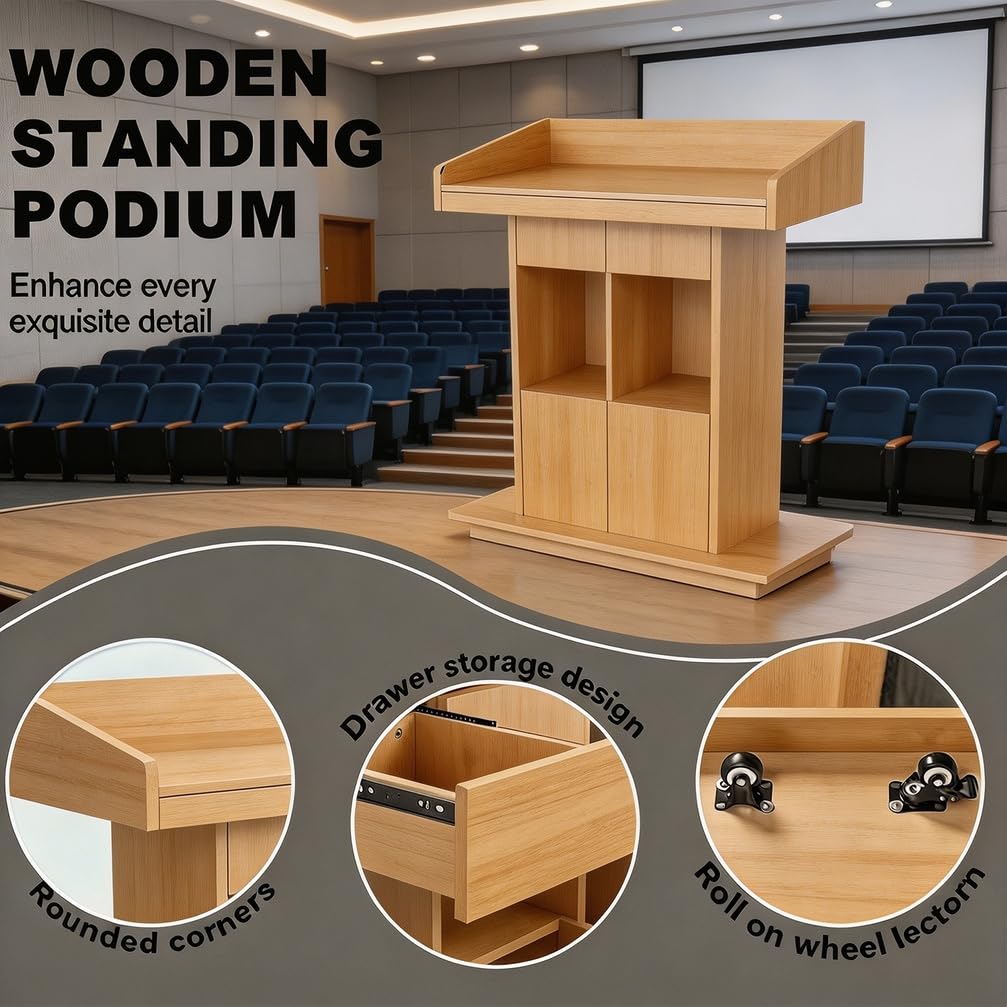 XIHAADOY Wood Podium, Podium Stand Portable with Wheels, Mobile Rolling Church Pulpits, Office Wooden Reception Desk, Lectern for Classrooms,Natural