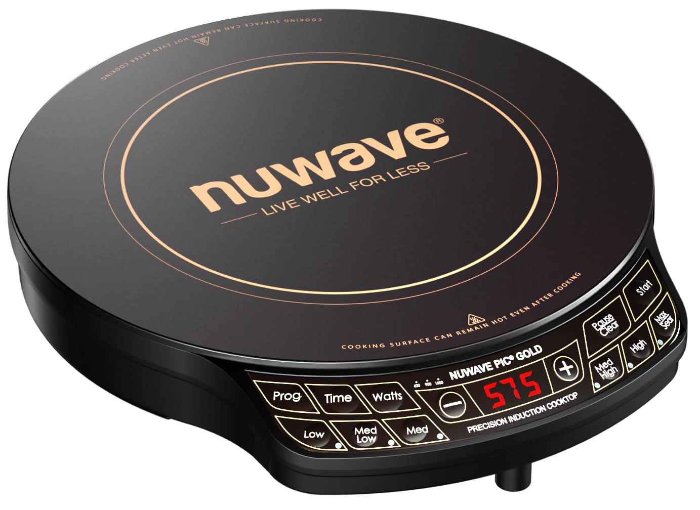 Nuwave Precision Induction Cooktop Gold, 12” Shatter-Resistant Ceramic Glass Surface, Large 8” Heating Coil, Portable, 96 Temp Settings 100°F to 575°F, 3 Wattage Settings 700, 900, and 1500 Watts