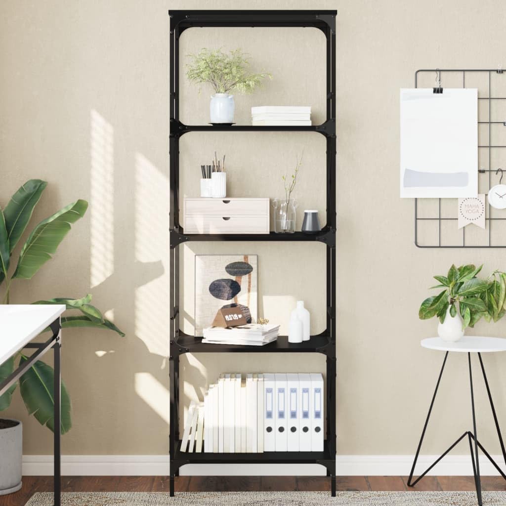 HETFTJN 5-Tier Black Engineered Wood and Metal Bookcase - 23.2"x13.8"x67.3" Storage Shelving Unit for Living Room, Office, and Bedroom with Adjustable Feet and Industrial Metal Frame