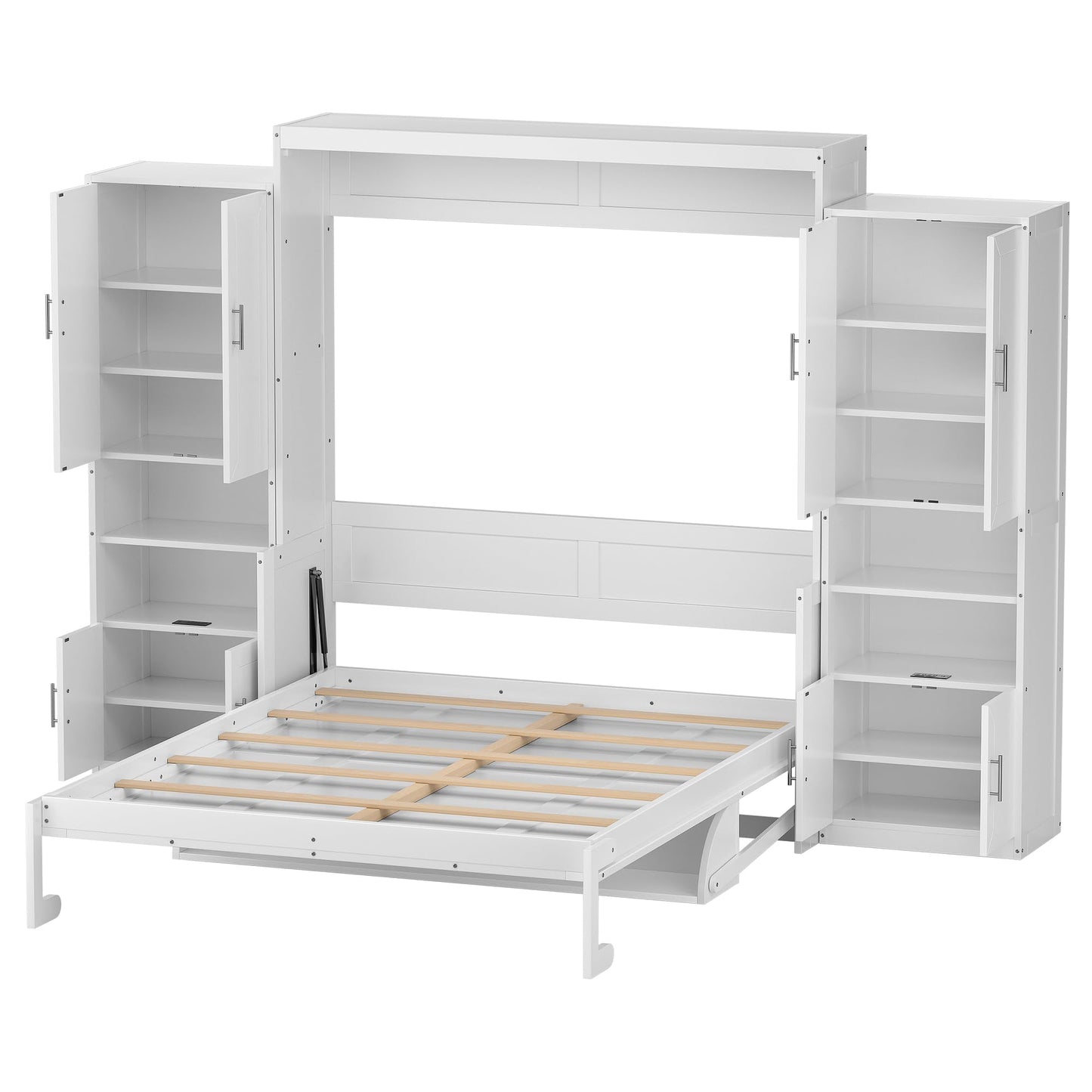 PVWIIK Queen Size Murphy Bed with Storage Drawers & Desk,Wall Bed Frame Folding into Cabinet Design w/Charging Station & Storage Shelf for Small Space,Bedroom,Guest Room,White