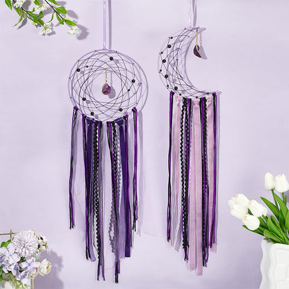 BEUNITONE DIY Purple Moon Lace Gothic Dream Catcher kit 2 Set Boho Large Half Circle Handmade Dream Catcher Kit with Purple Agate for Wall Decor Women Gift Moon Sun DIY Gifts for Bedroom Christmas