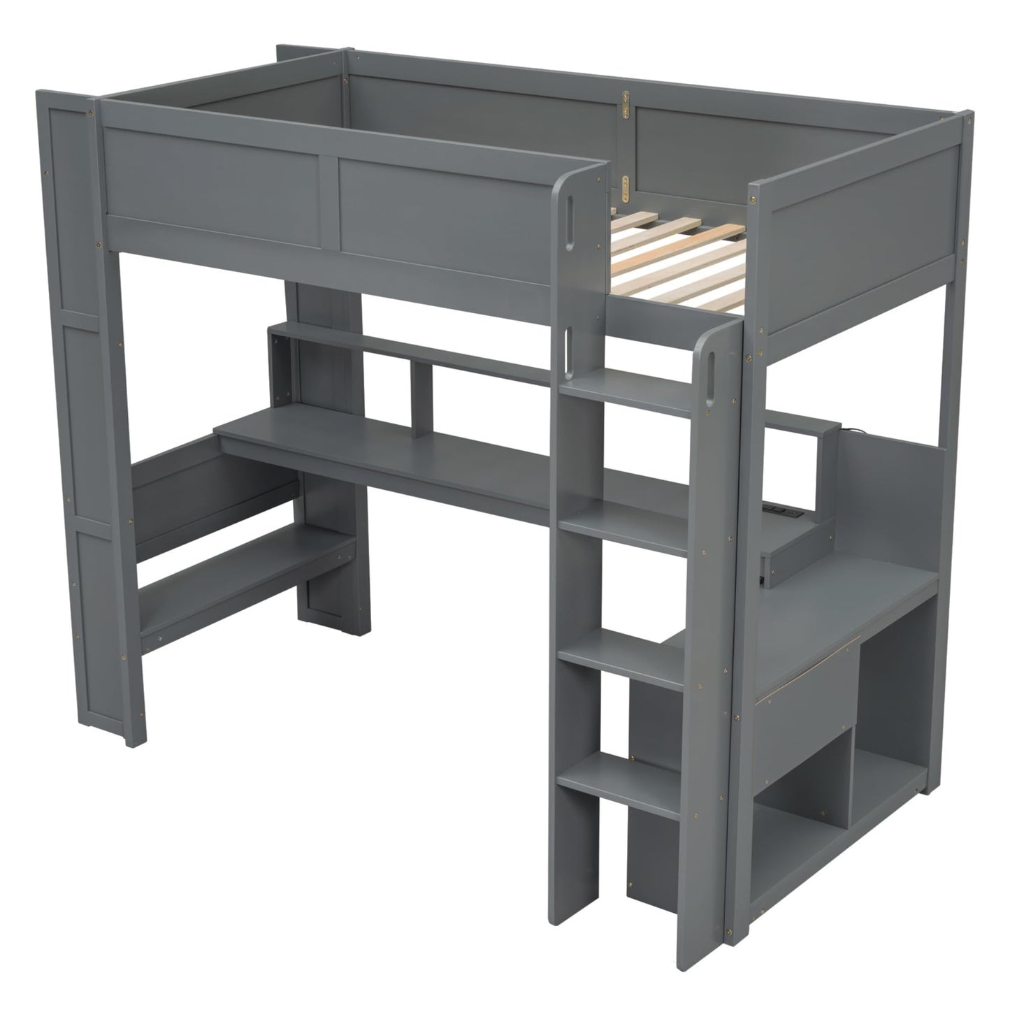 Ball & Cast Twin Size Gaming Loft Bed with Built-in Desk, LED and Charging Station,Wood Loft Bed Frame w/Multi-Storage Shelves,No Box Spring Needed,Ladder,for Kids,Teens,Adults,Dark Gray
