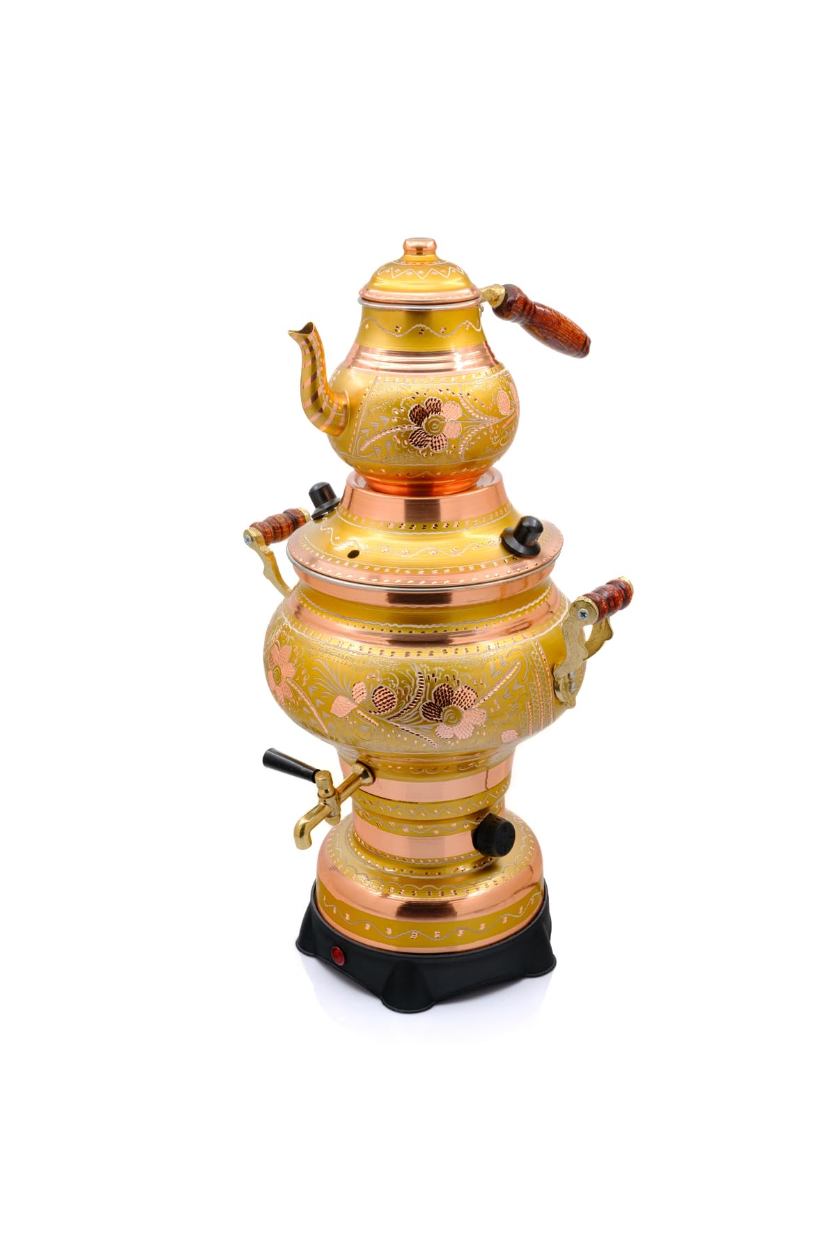 Electric Samovar 5.2 Liter 220V Ornate Copper Tea Urn for Traditional Turkish Tea Service - Gold