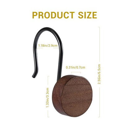 Akimomaty Walnut Wood Shower Curtain Hooks with Black Metal Rings, Set of 12 Decorative Hardware for Bathroom Rods