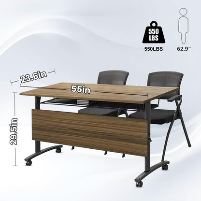 Folding Conference Tables,Flip Top Conference Room Tables,55.1 Inches Mobile Training Table with Silent Wheels,Modern Foldable Modular Boardroom Meeting Seminar Table for Office Classroom,8 Pack