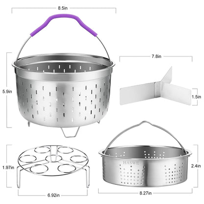 Haswe Steamer Basket for instant Pot Pressure Cooker, Accessories Set Compatible with 5/6/8 Qt InstaPot -18/8 Stainless Steel Strainer Insert with Silicone Handle,Divider,Egg Steamer Rack, 6 Quart
