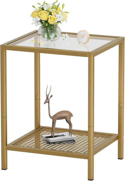 2-Tier Storage,13.3" 11.8" 19.7",Modern SAYGOER Glass Side Table Small Gold End Table for Narrow Space Square