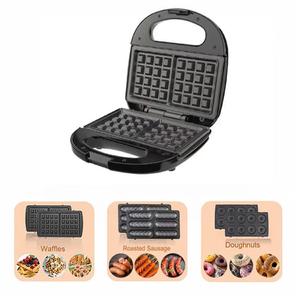 Waffle Maker,Donut,Hot Dog Machine Set,3-in-1 Multifunctional Breakfast Maker Machine with Iron Removable Plate Mold for Home,Kitchen,Cake,Paninis,Nut,Steaks,Grill,Lunch,Snacks or Dessert