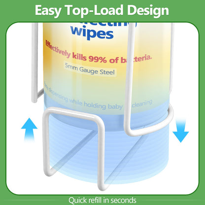 Wall-Mount Wipes Holder, Wipes Dispenser for Surface Cleaning Wipes, 5mm Steel Wire, Easy-Load Design with Strong Adhesive Backing (White, Small)