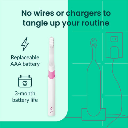 Quip Sonic Electric Toothbrush for Adults - Time Travel & Soft Bristles with Travel Case & Replacement Brush Head - 3 Month Battery Life, Plastic Handle - Magenta