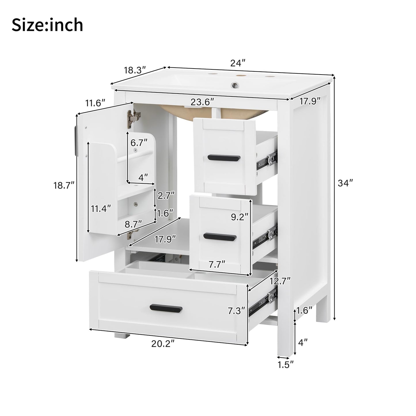 Favfurish 24" Bathroom Vanity with Ceramic Sink,Freestanding Bathroom Vanities with Soft-Closing Door and Double-Layer Door Shelf,Modern Bath Storage Cabinet w/ 3 Drawers,White