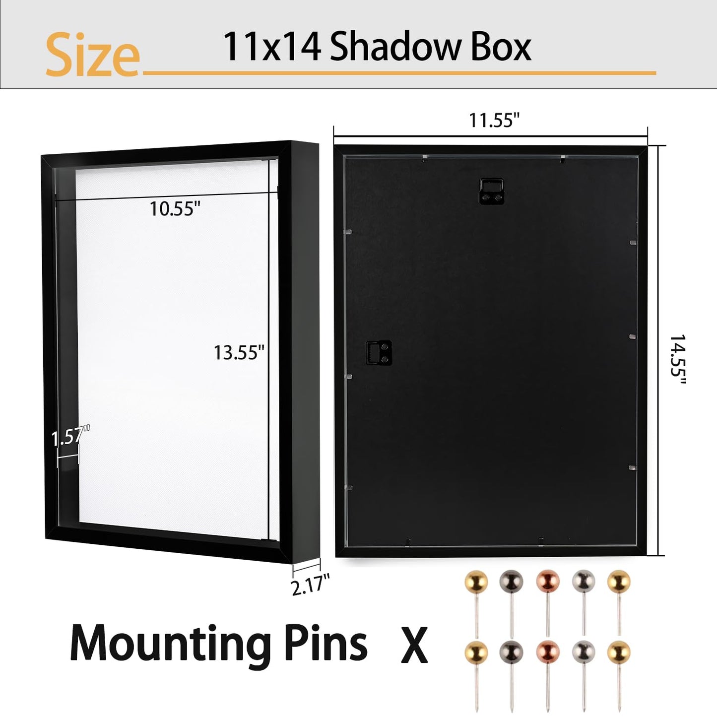 11x14 Shadow Box Frame | Soft Linen Back & Push Pins Included, Polystyrene Glass Memory Display Case for Flowers, Tickets & Cherished 3D Items, Black