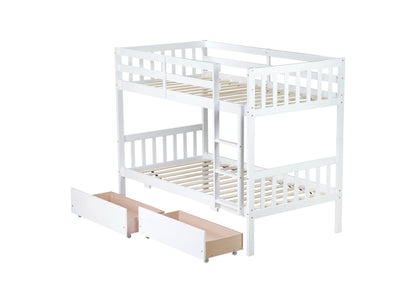 MERITLINE Wood Bunk Bed with Drawers, Convertible Bunk Bed with Ladders and Two Storage Drawers, Solid Wood Detachable Bedframe with Guardrails, Twin Over Twin, White