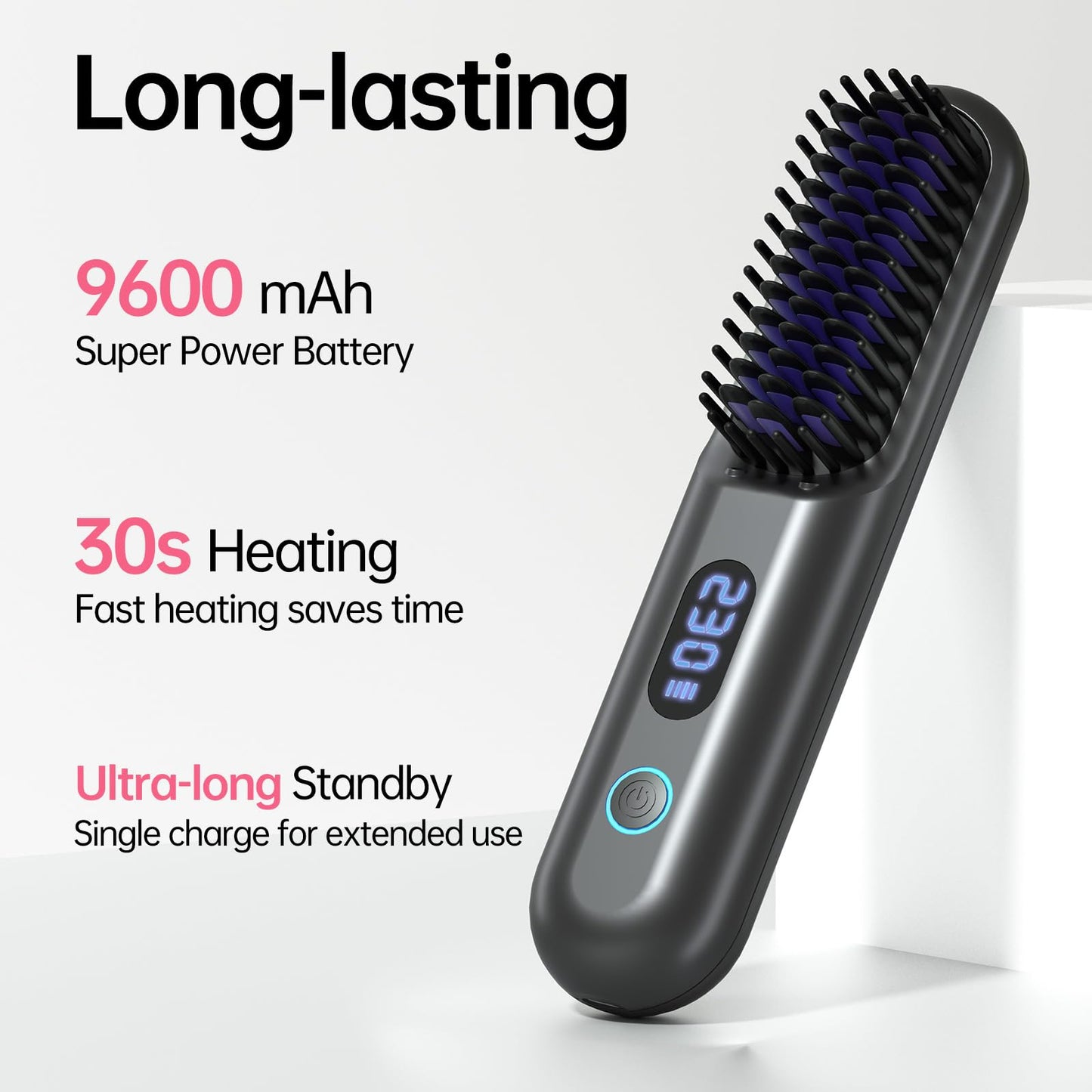 Cordless Hair Straightener Brush-Portable Straightening Comb, 9600mAh Batt, Plasma Tech, 9 Temp-Settings & LED Display, for Travel & Home(Pink)