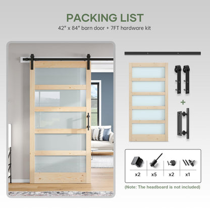 ROYMELO 42x84 inch Glass Sliding Barn Door Slab with 7ft Hardware Kit Included, 5-Panel Frosted Glass, Spruce Wood Support DIY Dyeing, Easy Assembly