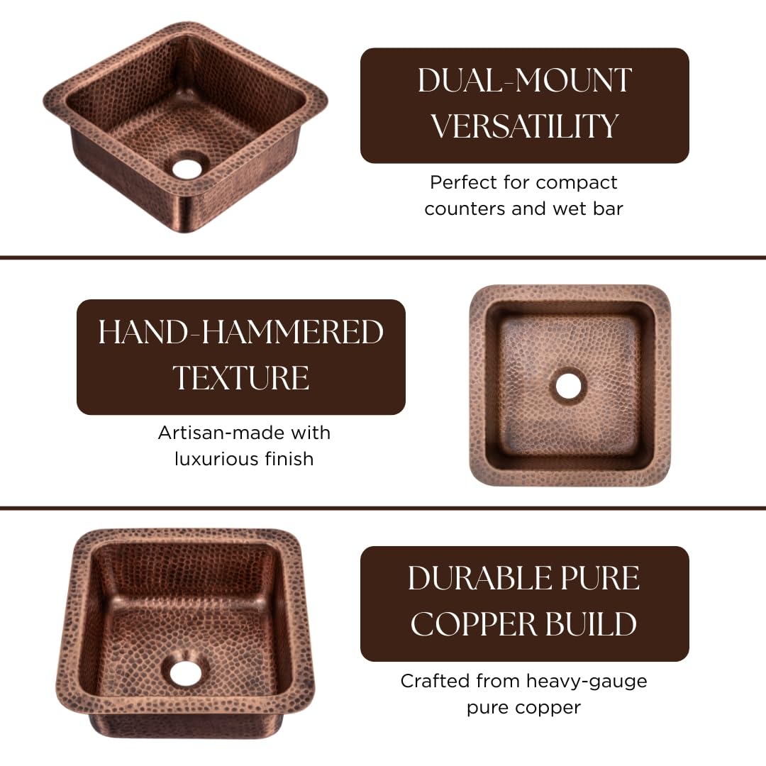 Monarch Abode Kitchen & Bar Sink – 12-inch Glasgow Dual Mount Drop in Bar Prep Sink, Hand Hammered Pure Copper Sinks, Drop in or Undermount Kitchen Sinks, Decorative Single Dual Mount Bowl