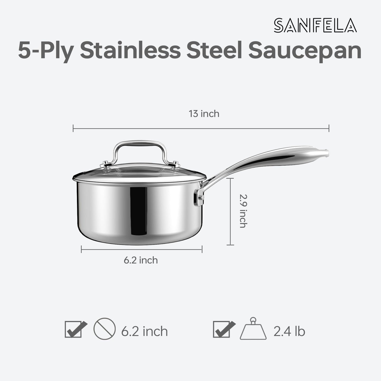 SANFELA 1.3 Quart Stainless Steel Saucepan with Glass Lid, 5 Ply Stainless Clad Construction, Suitable for All Cooktops, PTFE, PFAS and PFOA Free