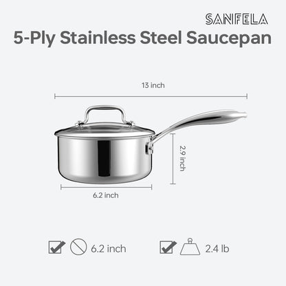SANFELA 1.3 Quart Stainless Steel Saucepan with Glass Lid, 5 Ply Stainless Clad Construction, Suitable for All Cooktops, PTFE, PFAS and PFOA Free